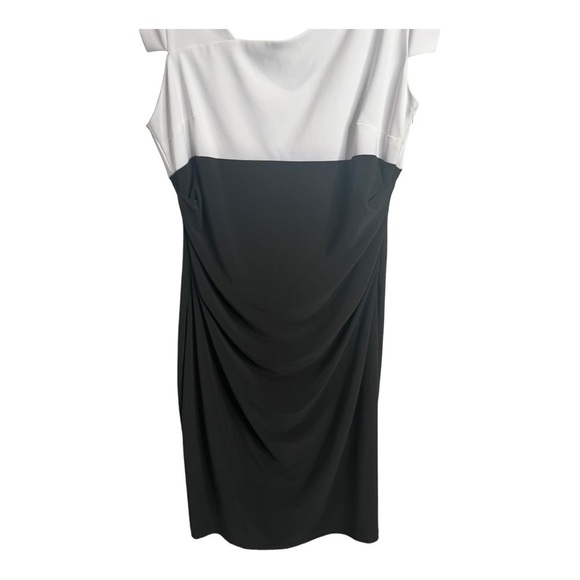 Joseph Ribkoff Slanted Neckline White Black Sheath Ruched Stretch Dress Size 12 - Picture 4 of 15